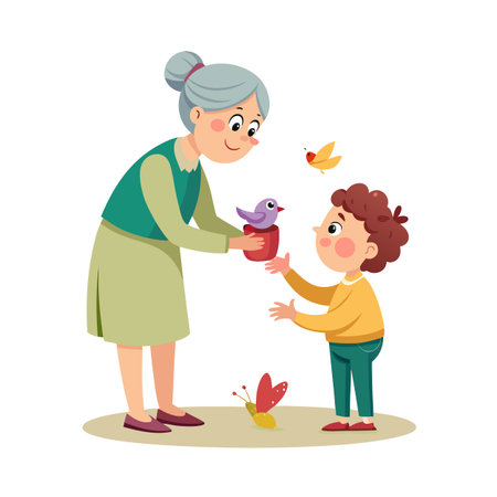 Grandmother Sharing a Toy Bird with Grandson in Cartoon Style with Other Bird Toysのイラスト素材