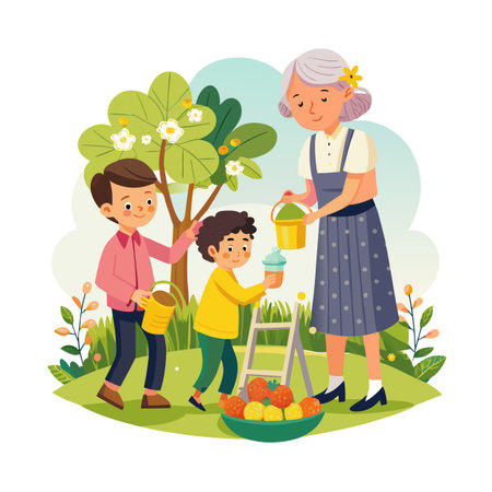 Grandmother and grandsons harvesting fruit together in orchard on a sunny day illustrationのイラスト素材