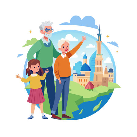 Grandfather, grandson and granddaughter waving at a scenic urban landscape with a round frameのイラスト素材