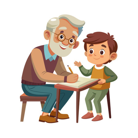 Grandfather helps grandson with homework or drawing in a charming cartoon style illustrationのイラスト素材