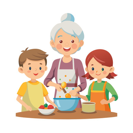 Grandmother cooking with her grandchildren preparing fruit salad vector illustration on white backgroundのイラスト素材