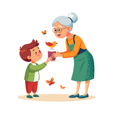 Grandmother and grandson with bird flying around gift, flat vector design art styleのイラスト素材