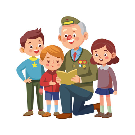 Grandfather in military uniform reading to children cartoon illustration for educational or heartwarming themesのイラスト素材