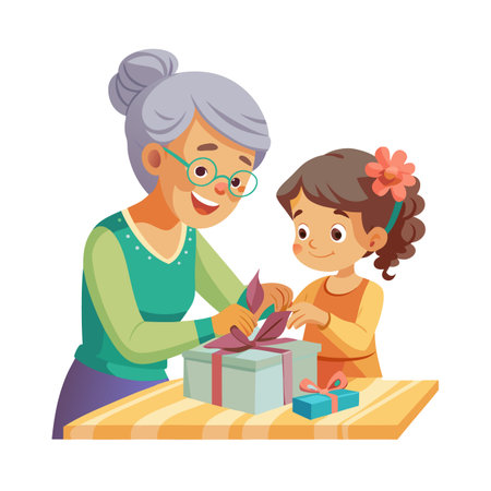 Grandmother and granddaughter joyfully unpack gifts together, creating a heartwarming family moment illustration styleのイラスト素材