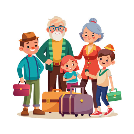 Happy family vacation: Illustration of grandparents and grandchildren traveling together with luggageのイラスト素材