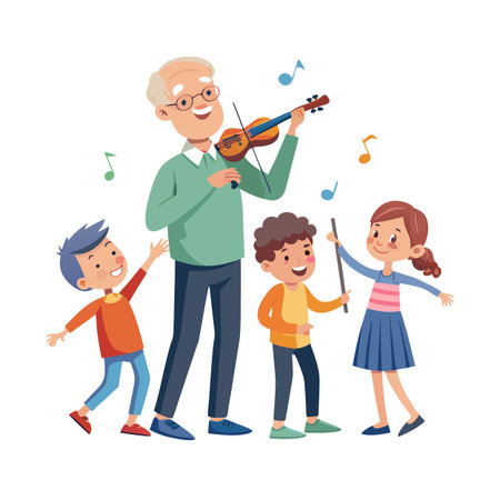 An elderly musician performs on violin for children in a joyful settingのイラスト素材