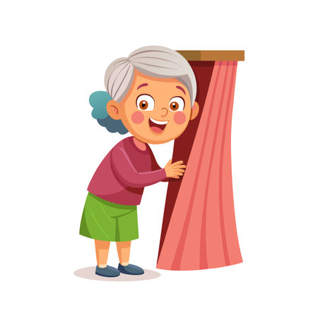 Cartoon grandmother peeking behind stage curtain with a happy smile, vector illustrationのイラスト素材