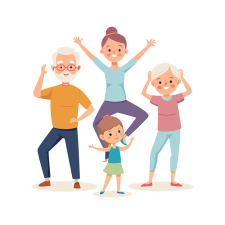 Joyful multi-generational family portrait showcasing happiness, health, and active lifestyle with intergenerational connectionのイラスト素材