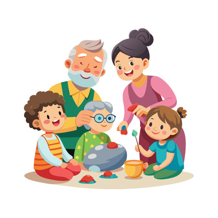 Multigenerational family playing a board game together with happy expression in vector illustrationのイラスト素材