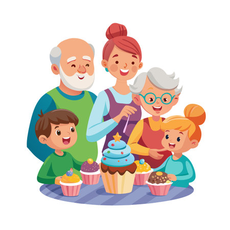 Happy multi-generational family celebrates with festive cupcakes on a blue checkered tablecloth, smiling and joyfulのイラスト素材