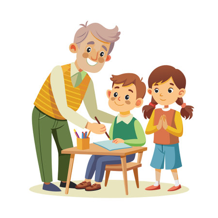 Caring teacher helps student with assignment as classmate observes in flat illustration styleのイラスト素材