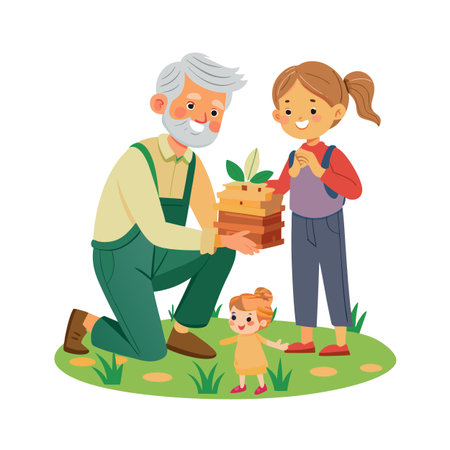 A grandfather planting a small tree with his two grandchildren in a garden settingのイラスト素材