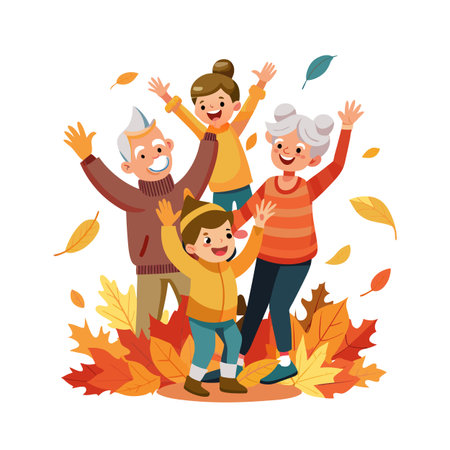 Happy multigenerational family joyfully playing in a pile of autumn leaves together, fall seasonのイラスト素材