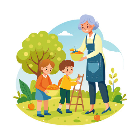 Grandmother and grandchildren picking fruits in the garden, a fun and healthy activityのイラスト素材