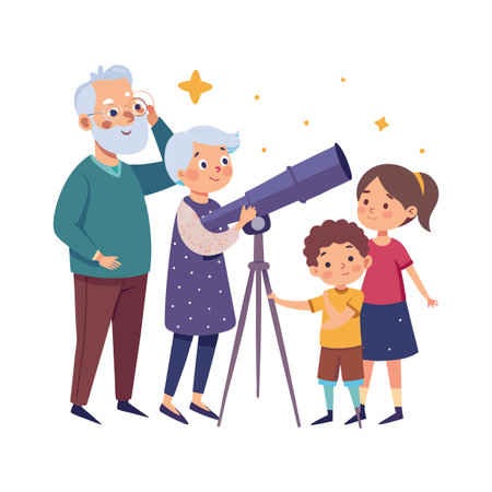 Grandparents and grandchildren looking through telescope at the stars in cartoon styleのイラスト素材