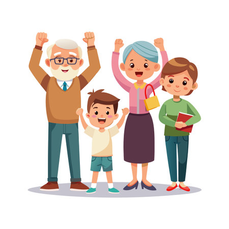 Happy multigenerational family celebrating together with arms raised in a bright cartoon style illustrationのイラスト素材
