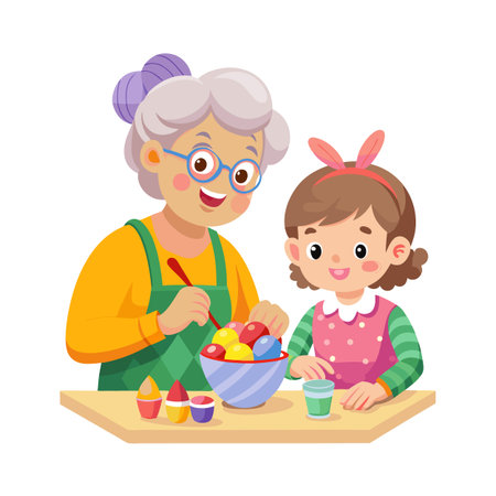 Grandmother and granddaughter decorating Easter eggs together, a heartwarming family tradition for spring holidaysのイラスト素材