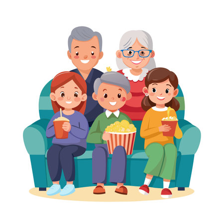 Cheerful multigenerational family enjoying movie night on couch with snacks togetherのイラスト素材