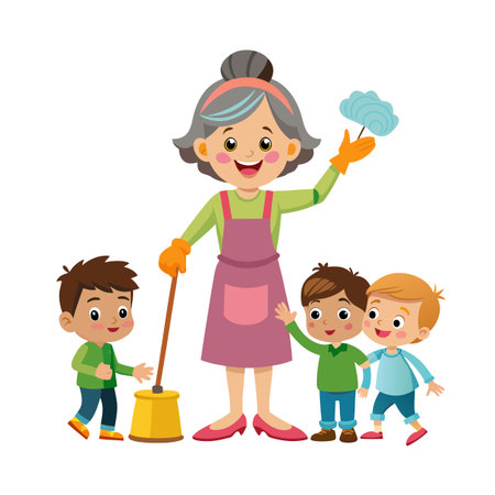 Cartoon grandma with cleaning equipment and three boys, vector illustration for kids learningのイラスト素材