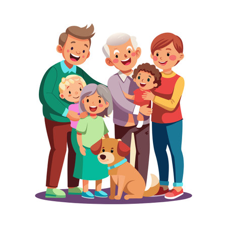 Extended family portrait with grandparents, parents, children, and a dog standing together smiling on a white backgroundのイラスト素材
