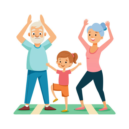Grandparents and granddaughter doing aerobic exercises together on a yoga mat indoorsのイラスト素材