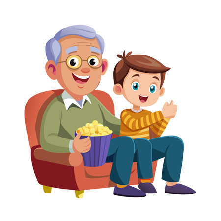 Grandfather and grandson watching movie together eating popcorn in a comfy armchair, cartoon illustrationのイラスト素材