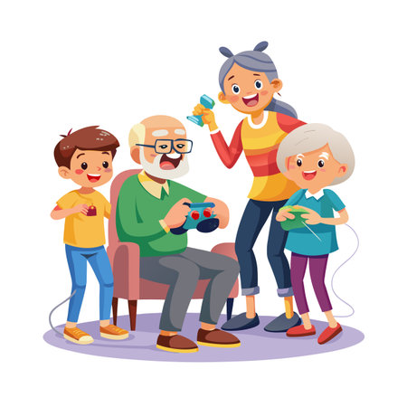 Grandfather playing video games with family in colorful cartoon style for digital mediaのイラスト素材