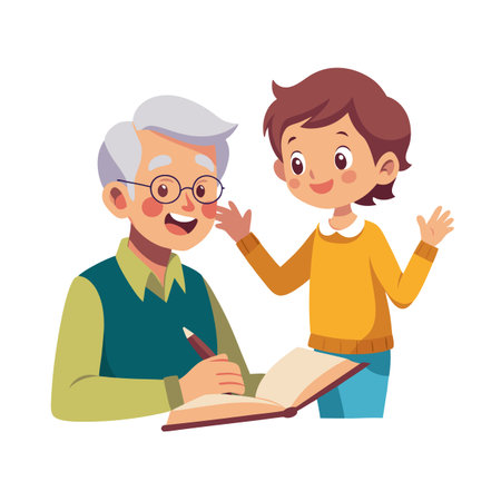 Grandfather and Grandson Learning Together, Writing and Sharing Ideas in a Whimsical Illustration Styleのイラスト素材