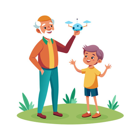 Grandfather showing grandson a blue toy drone on a green field with plantsのイラスト素材