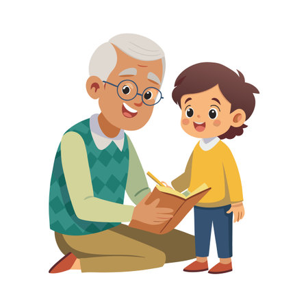 Grandfather and Grandson Sharing a Story and Drawing Together in a Book, Isolatedのイラスト素材