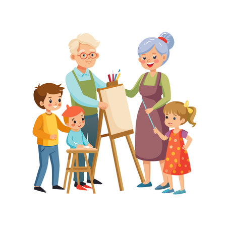 Grandparents teaching grandkids to paint with a blank canvas art lesson in cartoon illustrationのイラスト素材