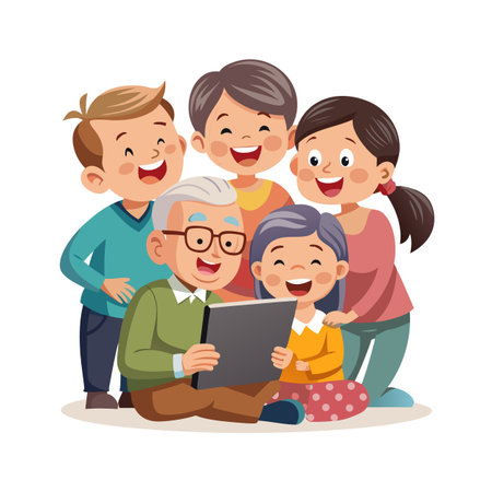Happy family looking at a tablet computer together generation sharing quality time and technologyのイラスト素材