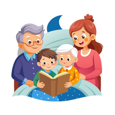 Grandparents and mother reading bedtime stories to grandchildren nestled in bed together, an illustrationのイラスト素材