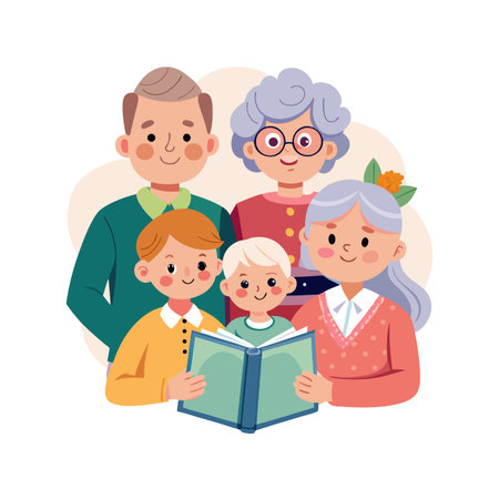 Flat vector illustration of multigenerational family reading book together with parents grandparents and kidsのイラスト素材