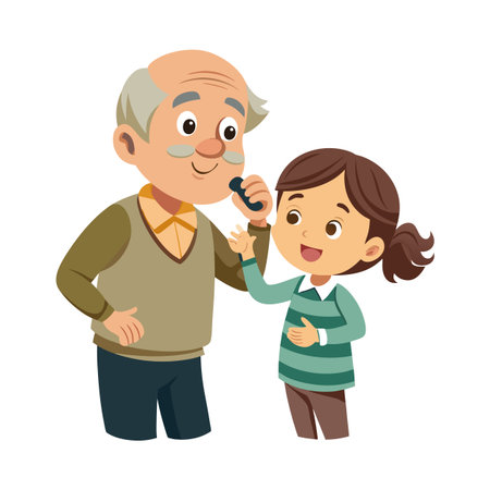 Grandfather and granddaughter interacting with a toy, capturing a heartwarming intergenerational connection in a cartoon illustrationのイラスト素材