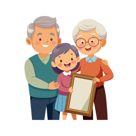 Happy grandparents with granddaughter proudly displaying an empty picture frame symbolizing family memories and togethernessのイラスト素材