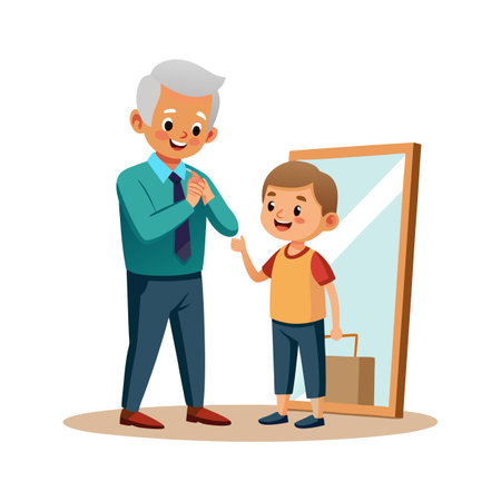 Grandfather and Grandson admire the boy dressed up in front of the mirrorのイラスト素材