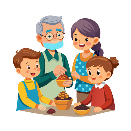 Grandparents baking with grandchildren, cartoon illustration showing family connection and intergenerational learning through cooking sweets togetherのイラスト素材