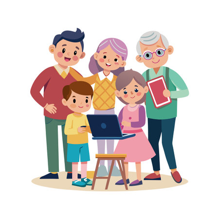 Cartoon family uses laptop together in a friendly learning environment, technology educationのイラスト素材