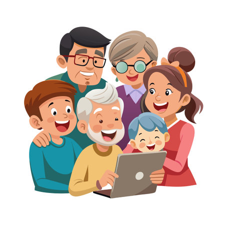 Cheerful multigenerational family gathers around a tablet, sharing smiles and enjoying digital content togetherのイラスト素材