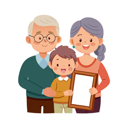 Three generations family holding a blank picture frame smiling against a white backdropのイラスト素材