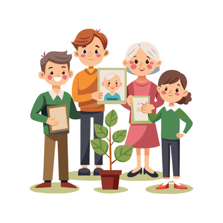 Family photo celebration with generations holding framed pictures and a plant on whiteのイラスト素材