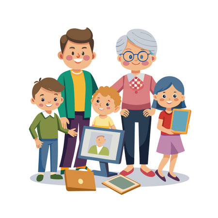 Cartoon family portrait with three children and grandmother around vintage technology devices
