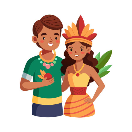 Illustrative depiction of an Indigenous couple smiling in traditional clothing, representing culture and heritageのイラスト素材