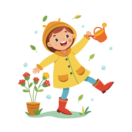 Happy girl in yellow raincoat watering red flowers with watering can in springのイラスト素材