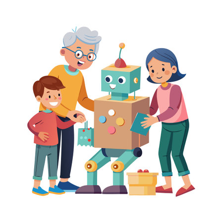 Three people are making a robot with cardboard boxes and colored stickers in cartoon styleのイラスト素材