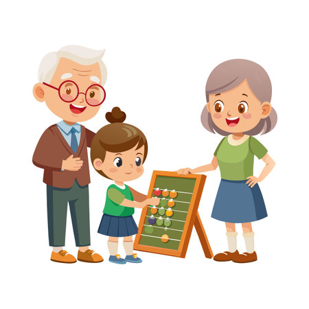 Little girl learning math with abacus and grandparents, illustration, on white backgroundのイラスト素材