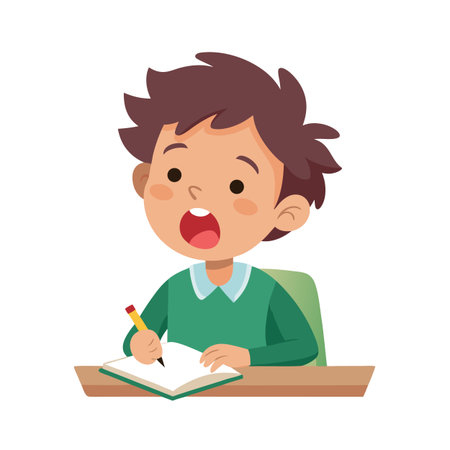 Cartoon boy enthusiastically studying and writing in a notebook at his wooden deskのイラスト素材