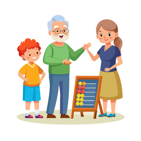Generational Learning: Grandfather Teaching Math to Grandson with Mother's Help using Abacusのイラスト素材