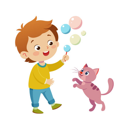 Young boy creates soap bubbles as a friendly cat playfully jumps to catch themのイラスト素材